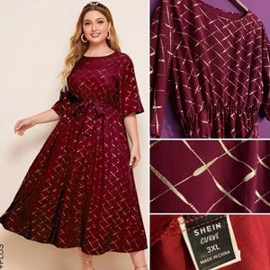 NEW 3X SHEIN Curve Knee Length A Line Burgundy Gold Toe Dress